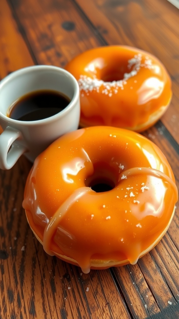Two golden glazed donuts on a wooden table with a cup of coffee.